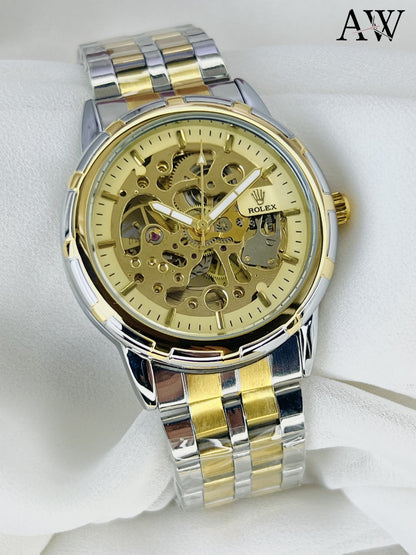 Skeleton Watch  New Model Water Proof Beautiful Golden Mechanic Two tone Chain Sports Watch
