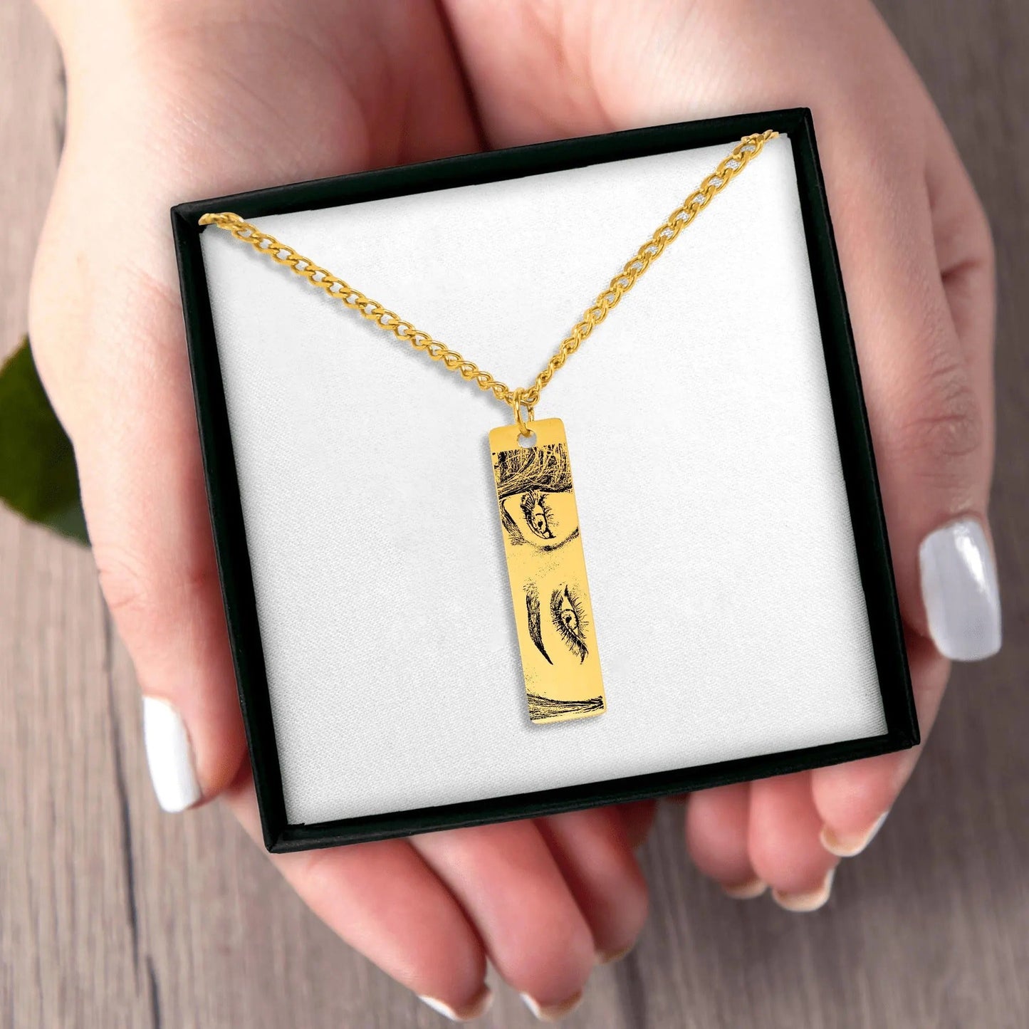 Customize Eyes Necklace His/Her Eyes Pendant Cuban Chain Vertical Bar Necklace