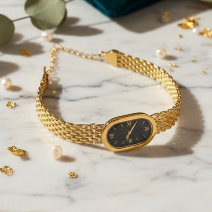 Elegant Gold-Plated Women's Wrist Watch with Roman Dial – Stylish Luxury Bracelet fake Watch for Girls