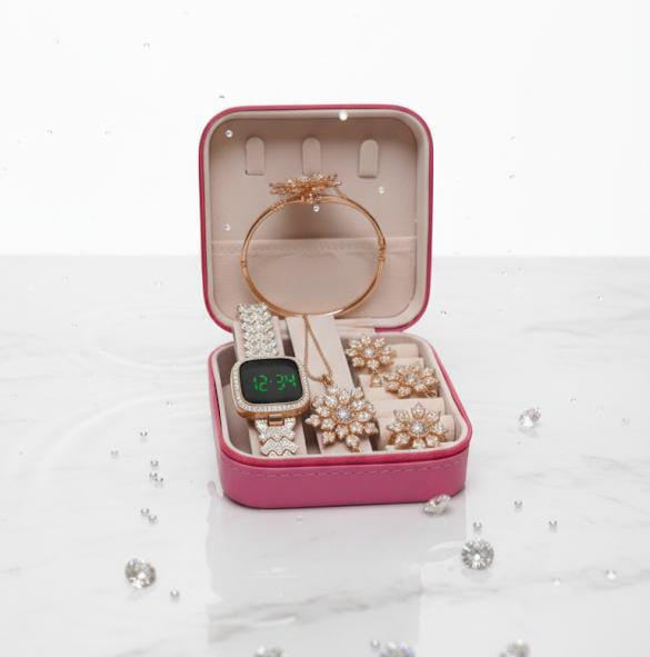 5-in 1 elegant jewelry gift set, containing a digital watch, necklace, earrings, bracelet, and rings, best gift for girls